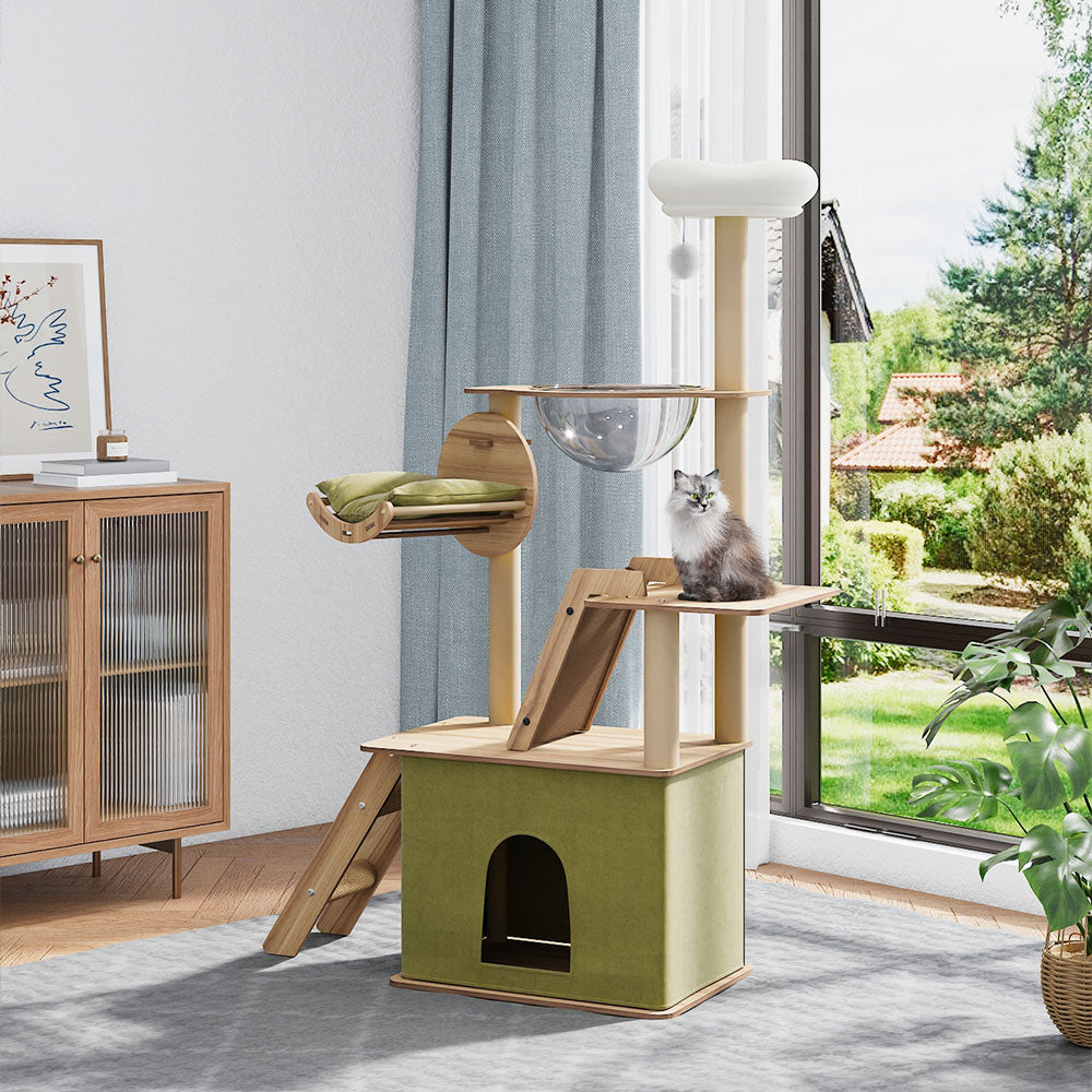 Luxurious 6-Tier Cat Tower with Scratching Board, Rotatable Hammock & Acrylic Capsule – Space-saving Multifunctional Playground