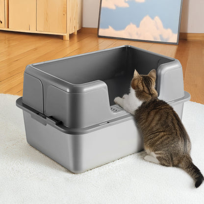 Semi-Enclosed Anti-Splash Cat Litter Box with Stainless Steel Base and Scoop