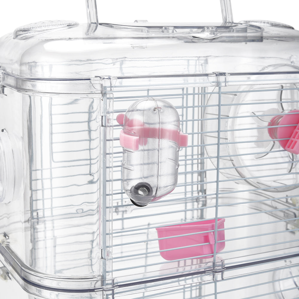 Double-Layer Transparent Hamster Cage with Hidden Handle and Tunnel