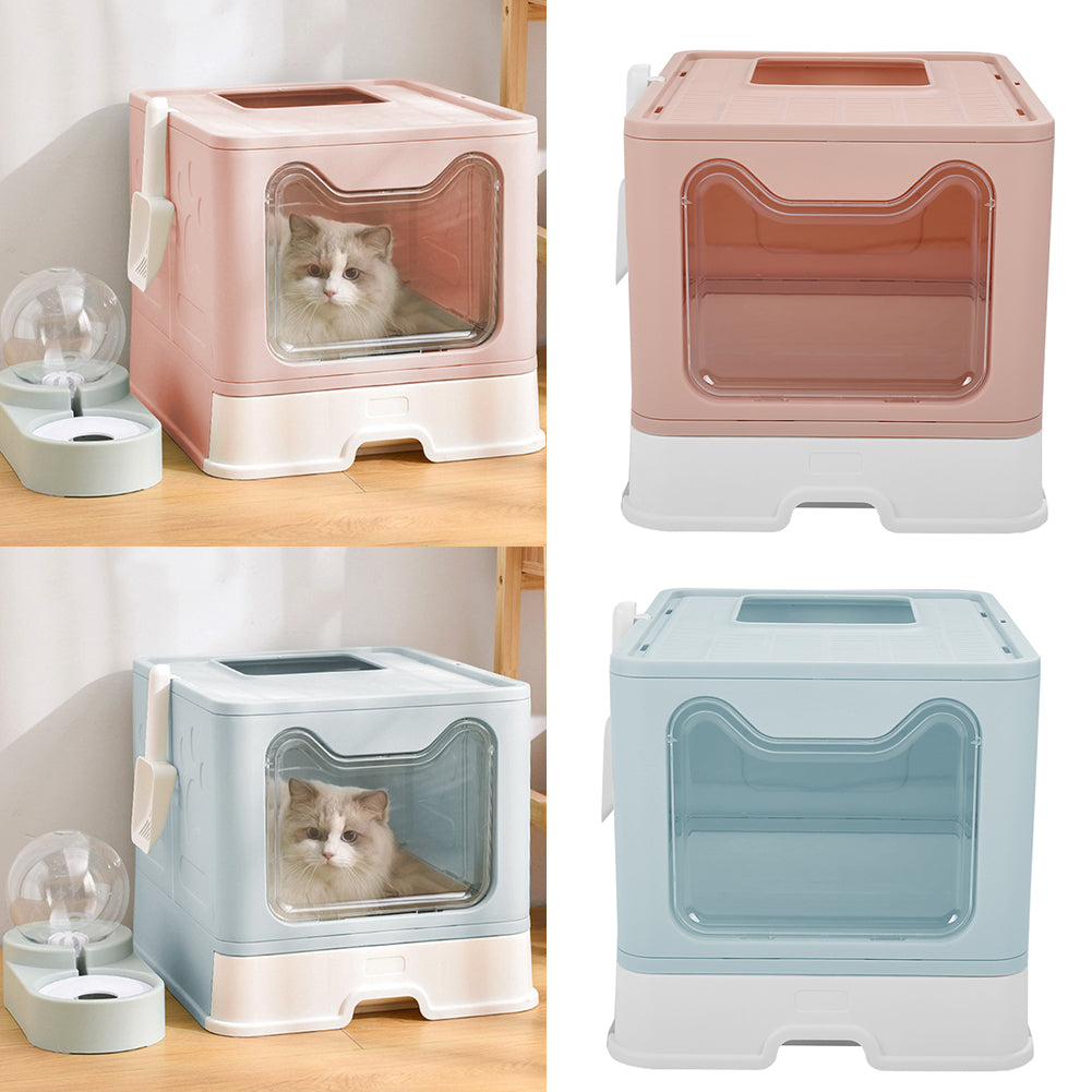 Foldable Top-Exit Cat Litter Box with Slide-Out Tray & Scoop