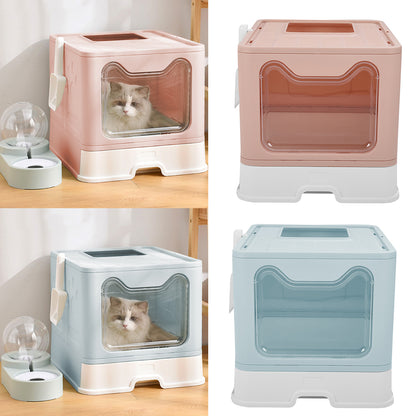 Foldable Top-Exit Cat Litter Box with Slide-Out Tray & Scoop