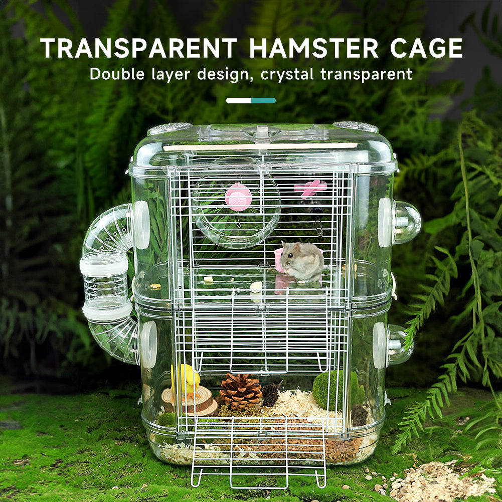 Double-Layer Transparent Hamster Cage with Hidden Handle and Tunnel