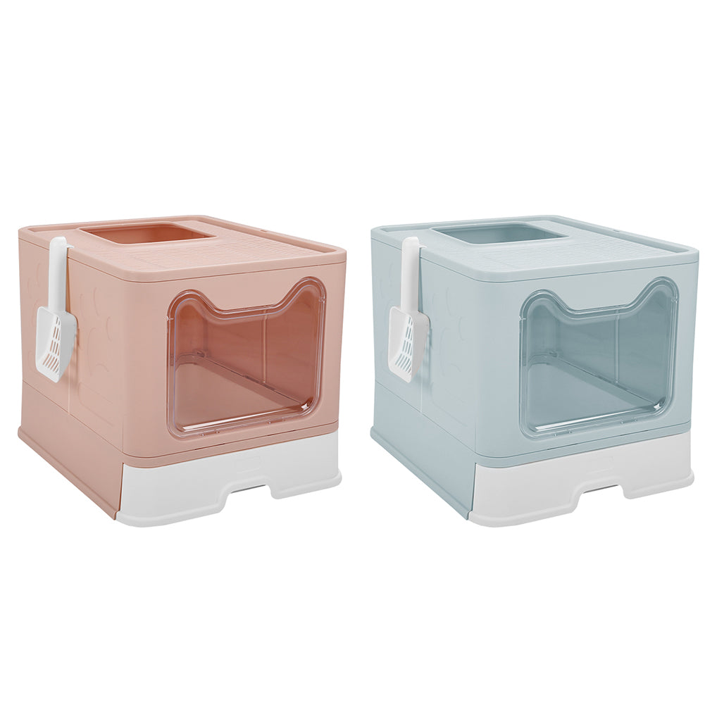 Foldable Top-Exit Cat Litter Box with Slide-Out Tray & Scoop