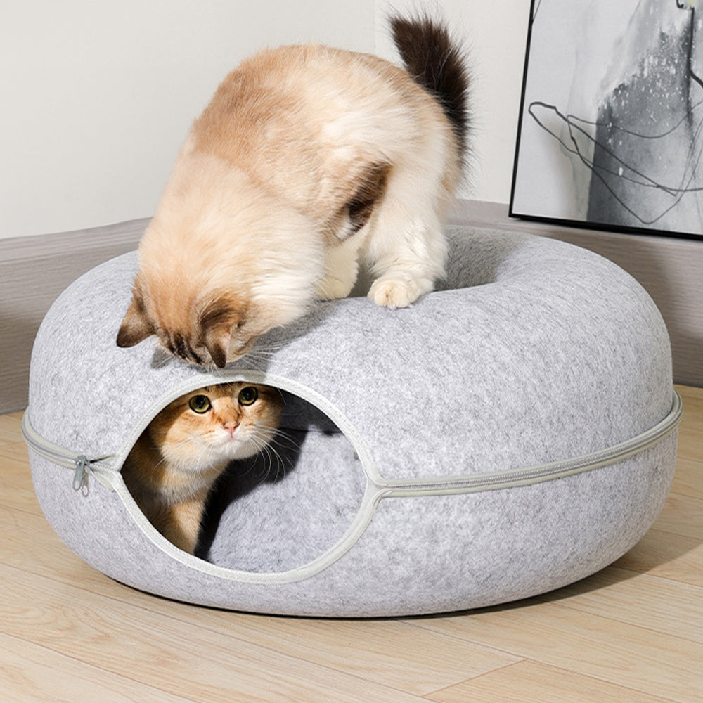 3-in-1 Round Felt Cat Tunnel Bed – Cozy Play Tunnel & Cave for Small Pets