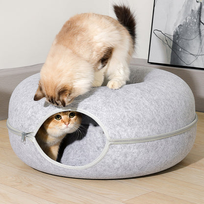 3-in-1 Round Felt Cat Tunnel Bed – Cozy Play Tunnel & Cave for Small Pets