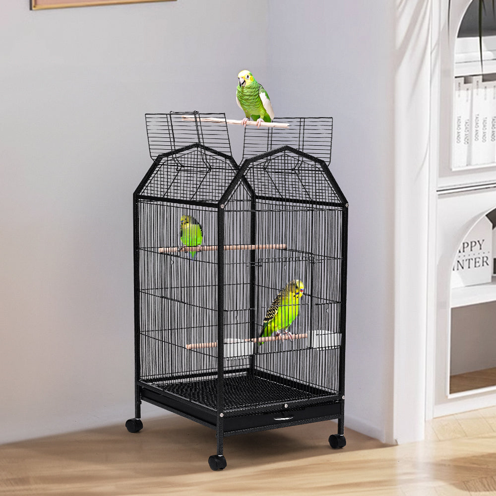 Spacious Open-Top Metal Bird Cage with Casters and Dual Feeding Doors