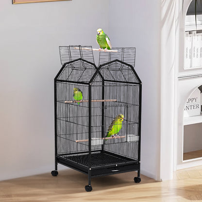 Spacious Open-Top Metal Bird Cage with Casters and Dual Feeding Doors