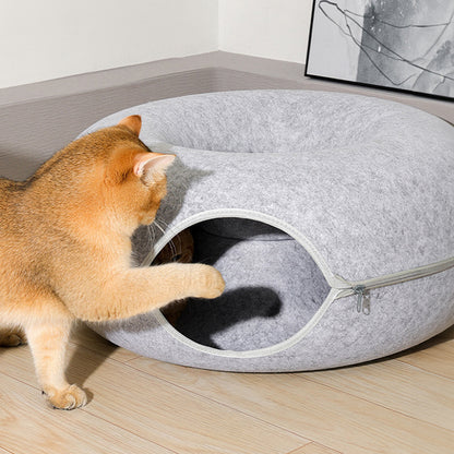3-in-1 Round Felt Cat Tunnel Bed – Cozy Play Tunnel & Cave for Small Pets