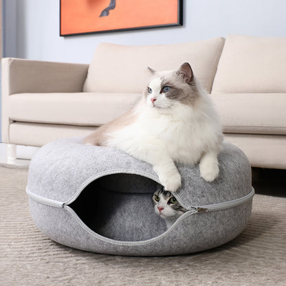 3-in-1 Round Felt Cat Tunnel Bed – Cozy Play Tunnel & Cave for Small Pets