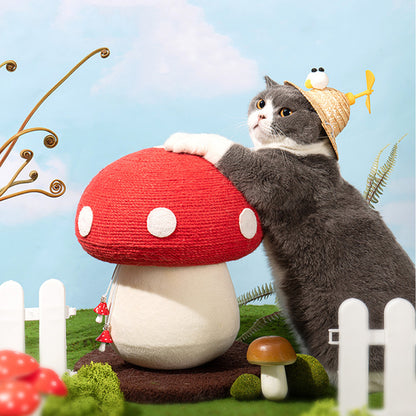 Sisal Mushroom Cat Scratching Post – Freestanding Claw Sharpener with Plush Base and Hanging Toys