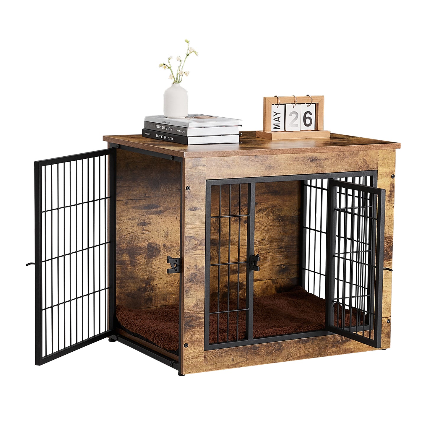 Farmhouse-Inspired Wooden Dog Crate with Double Doors – Decorative Kennel for Small to Medium Dogs