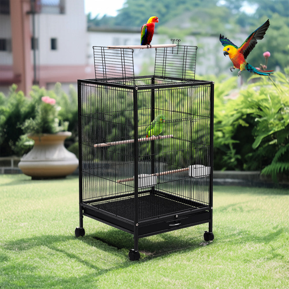 Open-Top Metal Bird Cage with Casters and Dual Feeding Doors