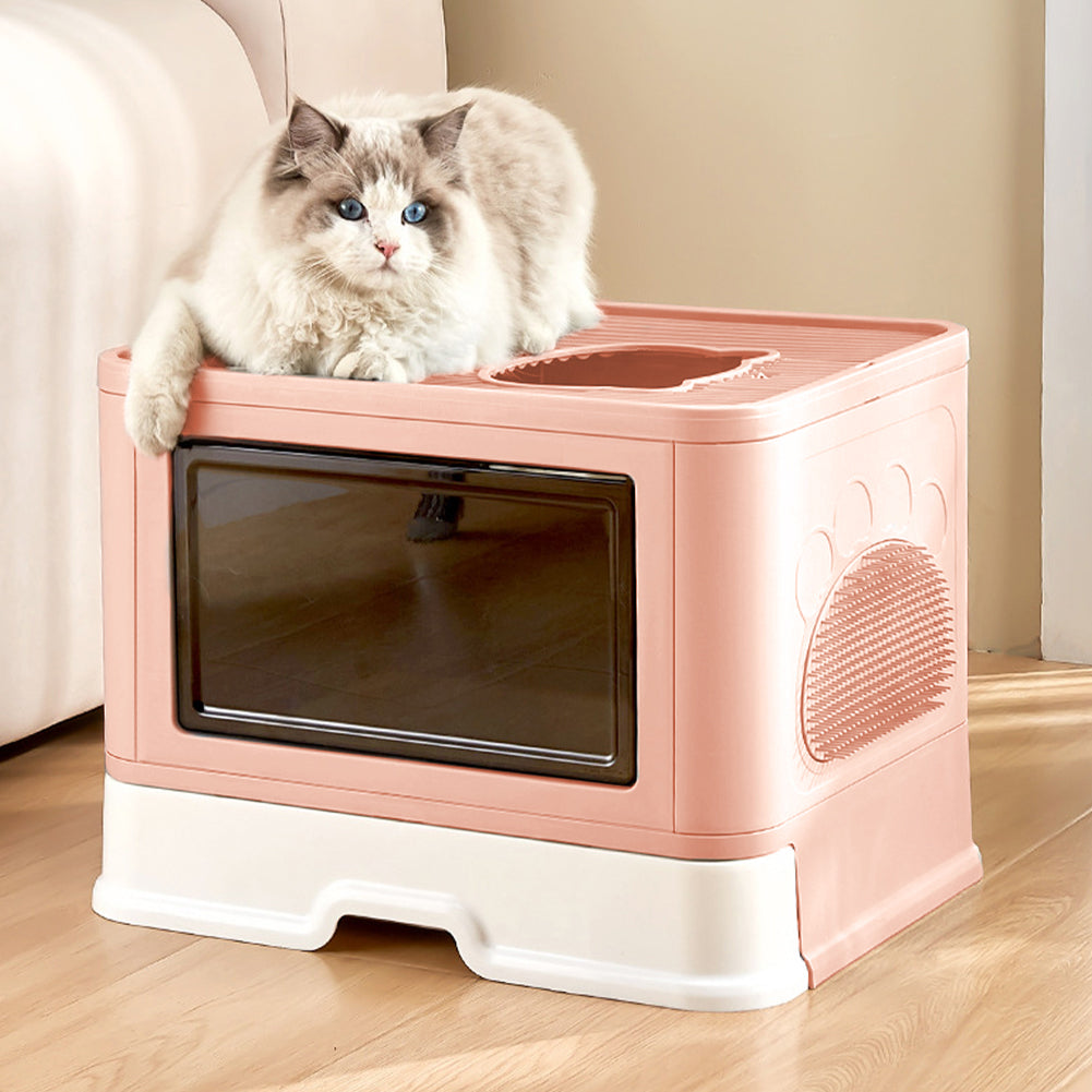Enclosed Folding Cat Litter Box with Scoop – Smoky Pink, Drawer Design for Easy Cleaning