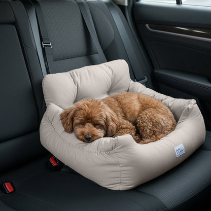 Light Grey Travel Pet Bed with Storage Pockets – Cozy Car Seat Protector with Safety Straps