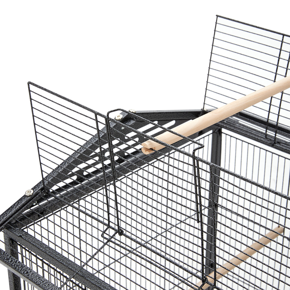 Peaked Roof Metal Bird Cage with Casters and Dual Feeding Doors
