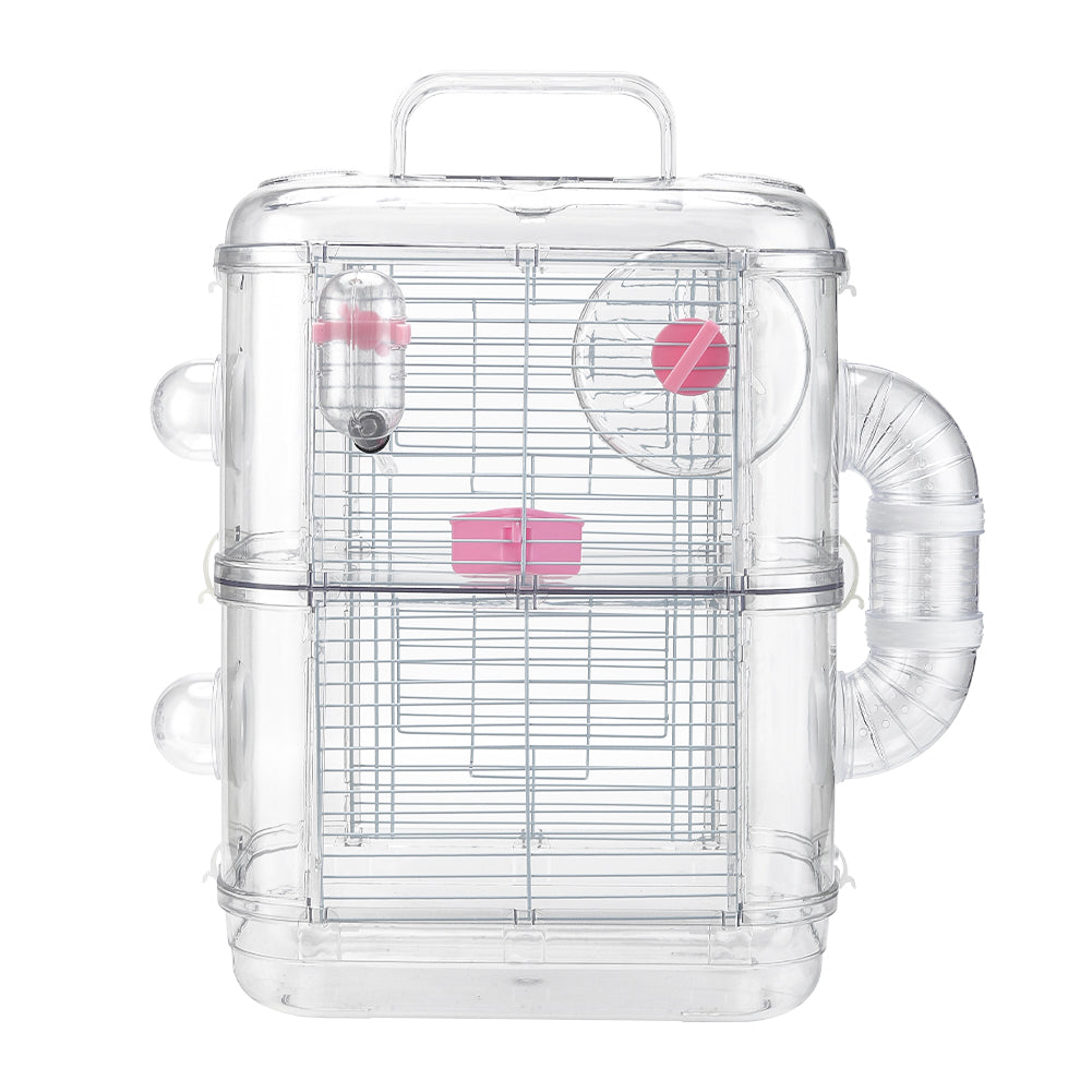 Double-Layer Transparent Hamster Cage with Hidden Handle and Tunnel