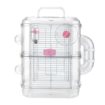 Double-Layer Transparent Hamster Cage with Hidden Handle and Tunnel