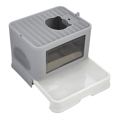 Enclosed Folding Plastic Cat Litter Box with Convenient Drawer and Scoop