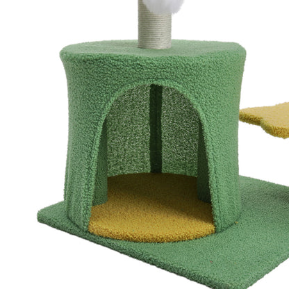 Plush Cat Tree with Sisal Scratching Post, Cozy Hideaway, and Hanging Toy – Space-Saving Activity Center