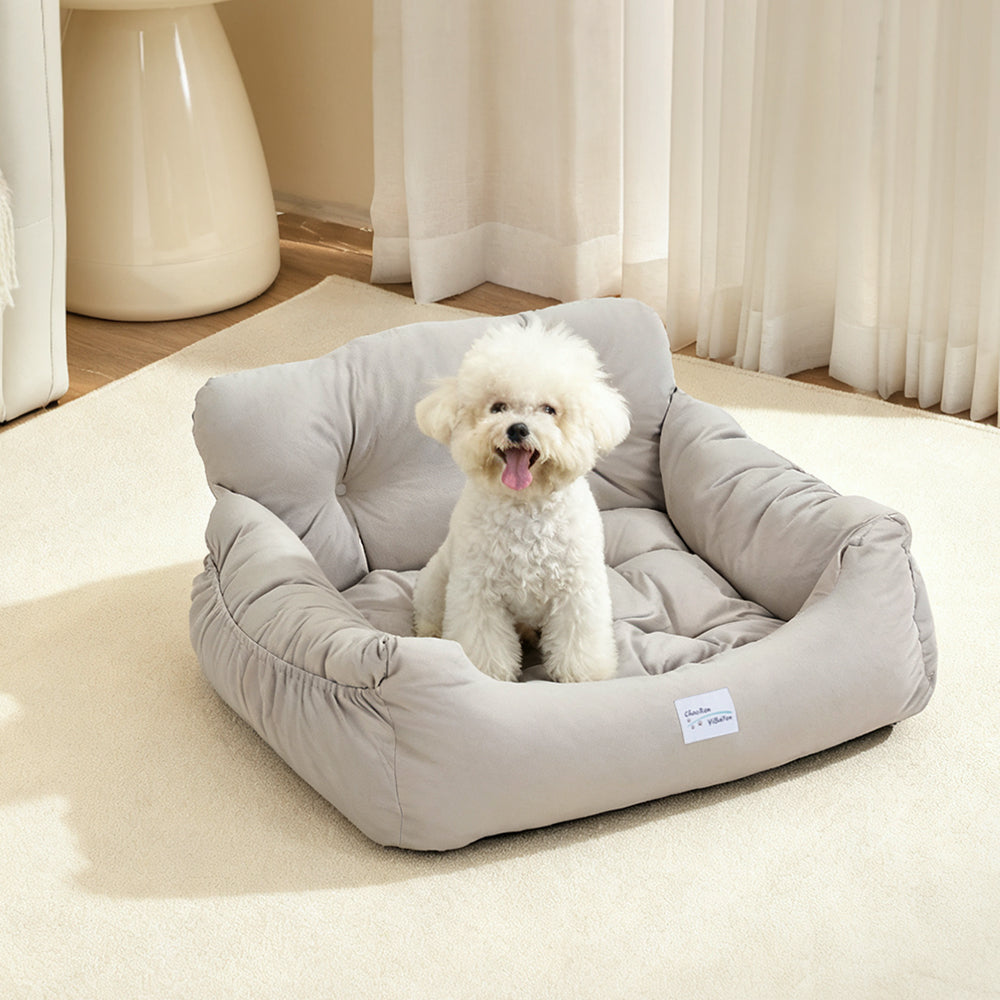 Light Grey Travel Pet Bed with Storage Pockets – Cozy Car Seat Protector with Safety Straps