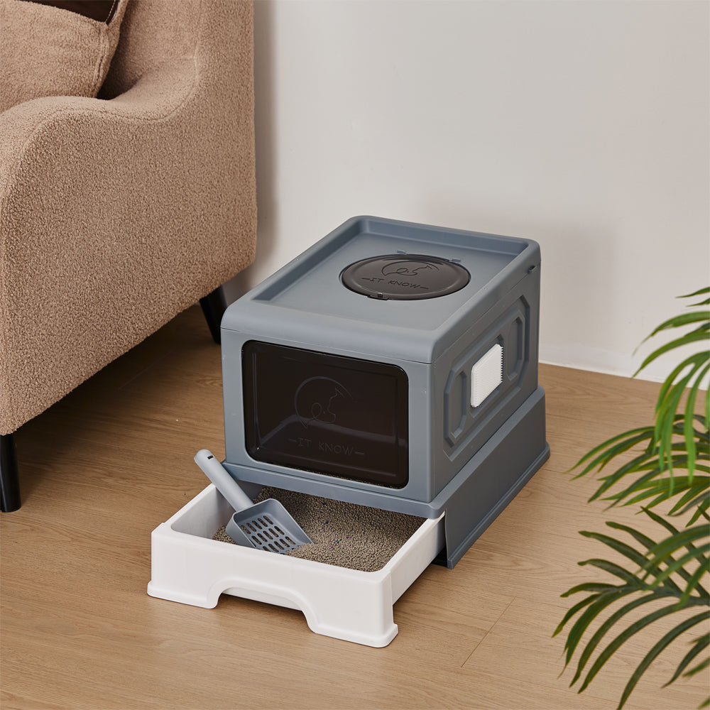 Large Enclosed Cat Litter Box with Drawer, Scoop & Grooming Board – Anti-Splashing, Odour Control, Front Entry & Top Exit