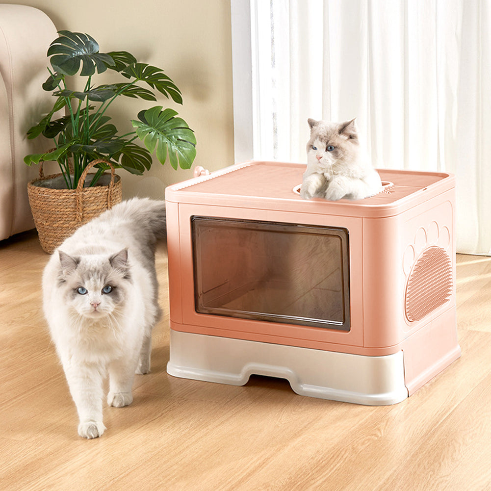 Enclosed Folding Cat Litter Box with Scoop – Smoky Pink, Drawer Design for Easy Cleaning