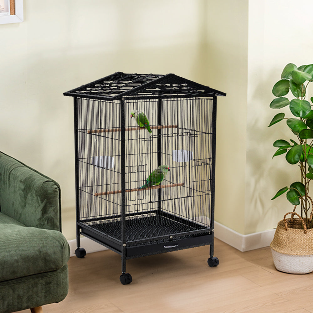 Peaked Roof Metal Bird Cage with Casters and Dual Feeding Doors