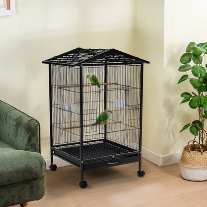 Peaked Roof Metal Bird Cage with Casters and Dual Feeding Doors