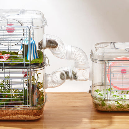 Double-Layer Transparent Hamster Cage with Hidden Handle and Tunnel