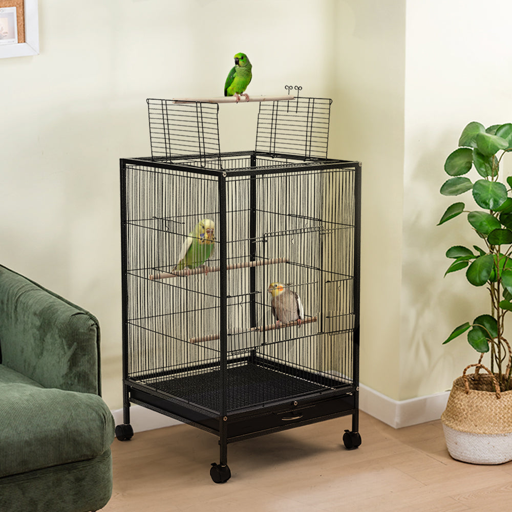 Open-Top Metal Bird Cage with Casters and Dual Feeding Doors