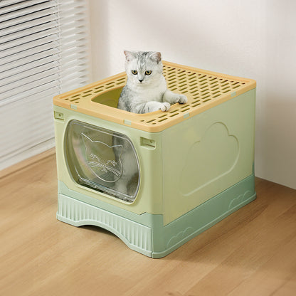 Foldable Top-Entry Cat Litter Box with Drawer and Scoop – Enclosed, Splash-Proof & Odor-Resistant Design