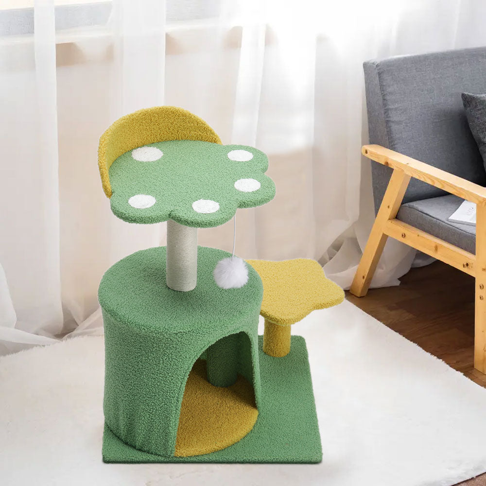 Plush Cat Tree with Sisal Scratching Post, Cozy Hideaway, and Hanging Toy – Space-Saving Activity Center