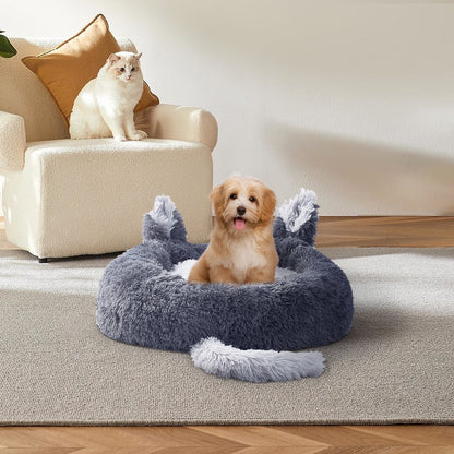 Round Plush Pet Bed with Cute Ears – Calming & Cozy Donut Design for Cats and Dogs