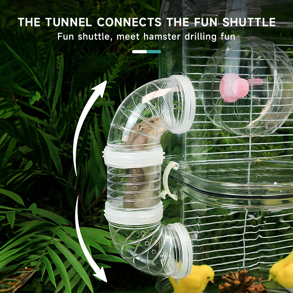 Double-Layer Transparent Hamster Cage with Hidden Handle and Tunnel