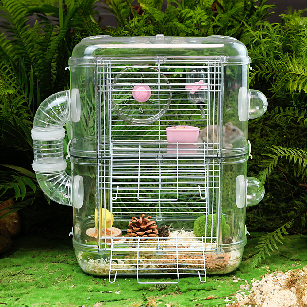 Double-Layer Transparent Hamster Cage with Hidden Handle and Tunnel