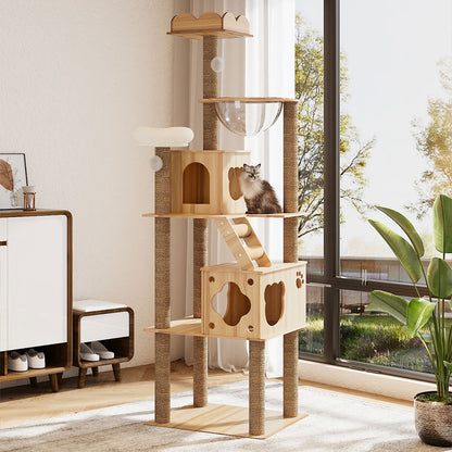 Cat Tree with Perches, Condo & Acrylic Capsule – Sturdy MDF Structure with Hemp Rope Posts – Ideal for Active Cats