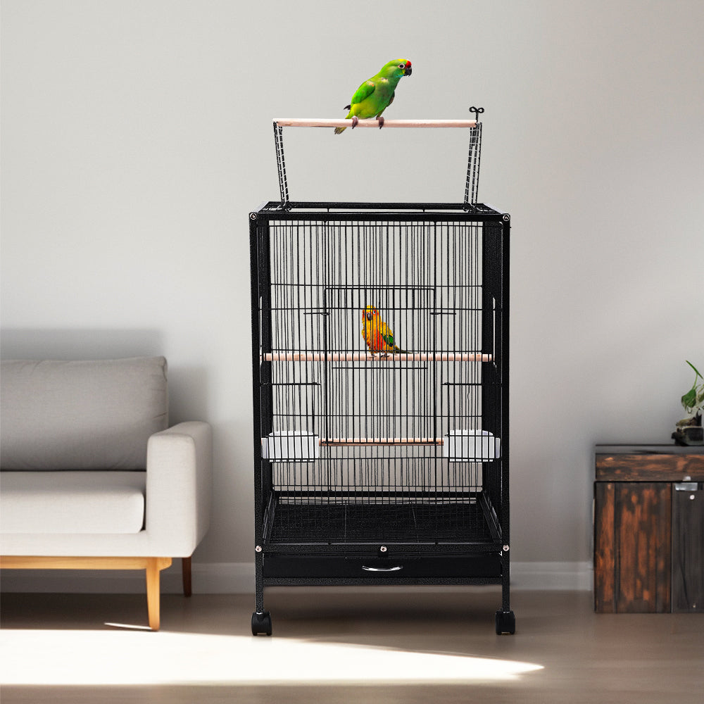 Open-Top Metal Bird Cage with Casters and Dual Feeding Doors