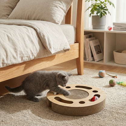 Round Corrugated Cat Scratcher with Ball Toy – Compact Play & Claw Care Pad for Kittens and Cats