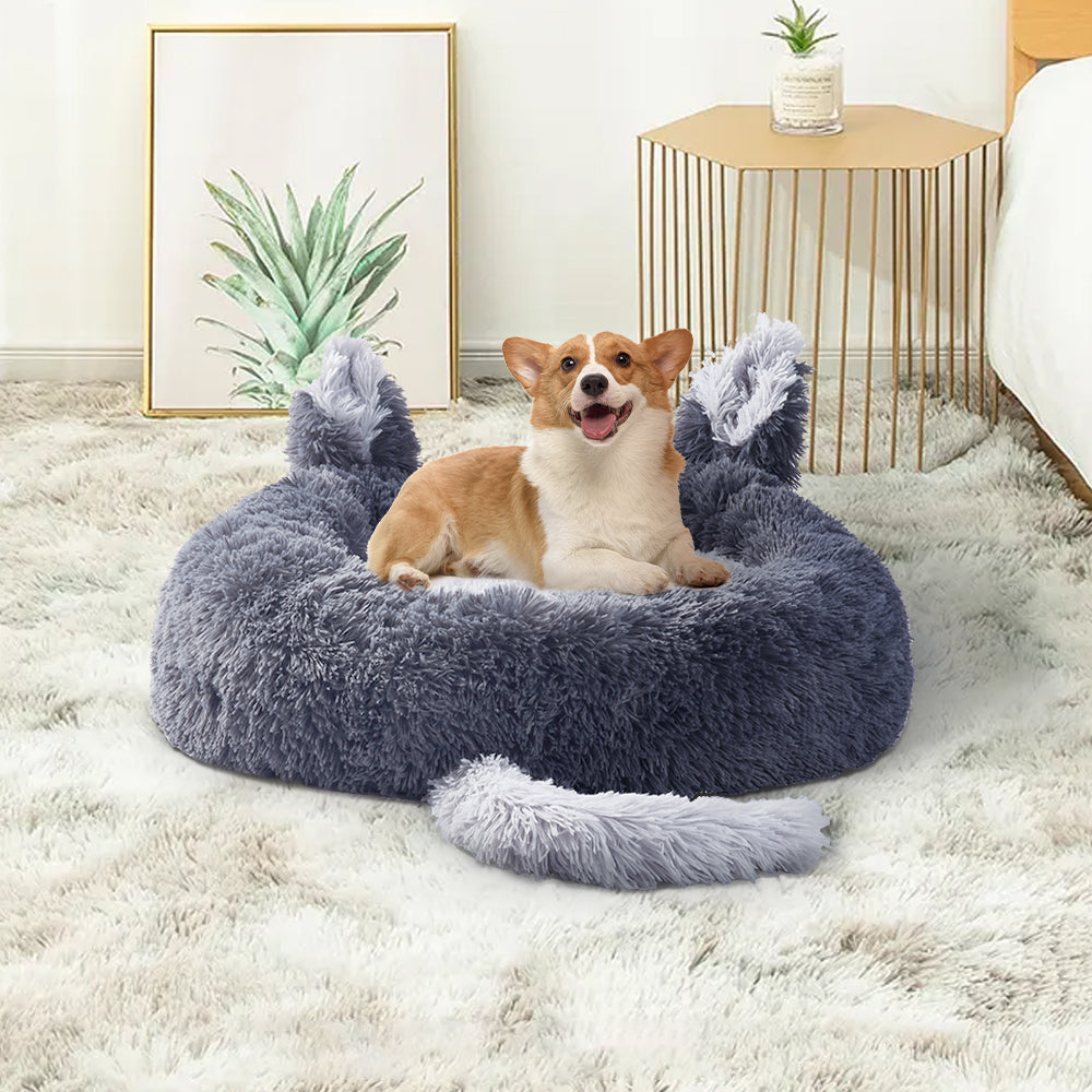 Round Plush Pet Bed with Cute Ears – Calming & Cozy Donut Design for Cats and Dogs
