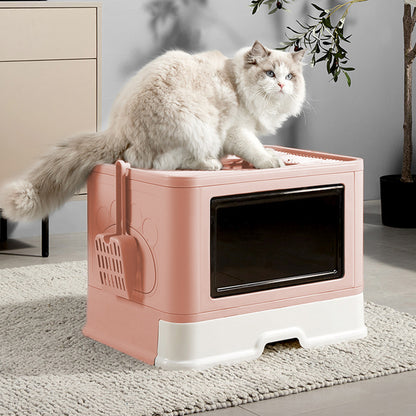 Enclosed Folding Cat Litter Box with Scoop – Smoky Pink, Drawer Design for Easy Cleaning