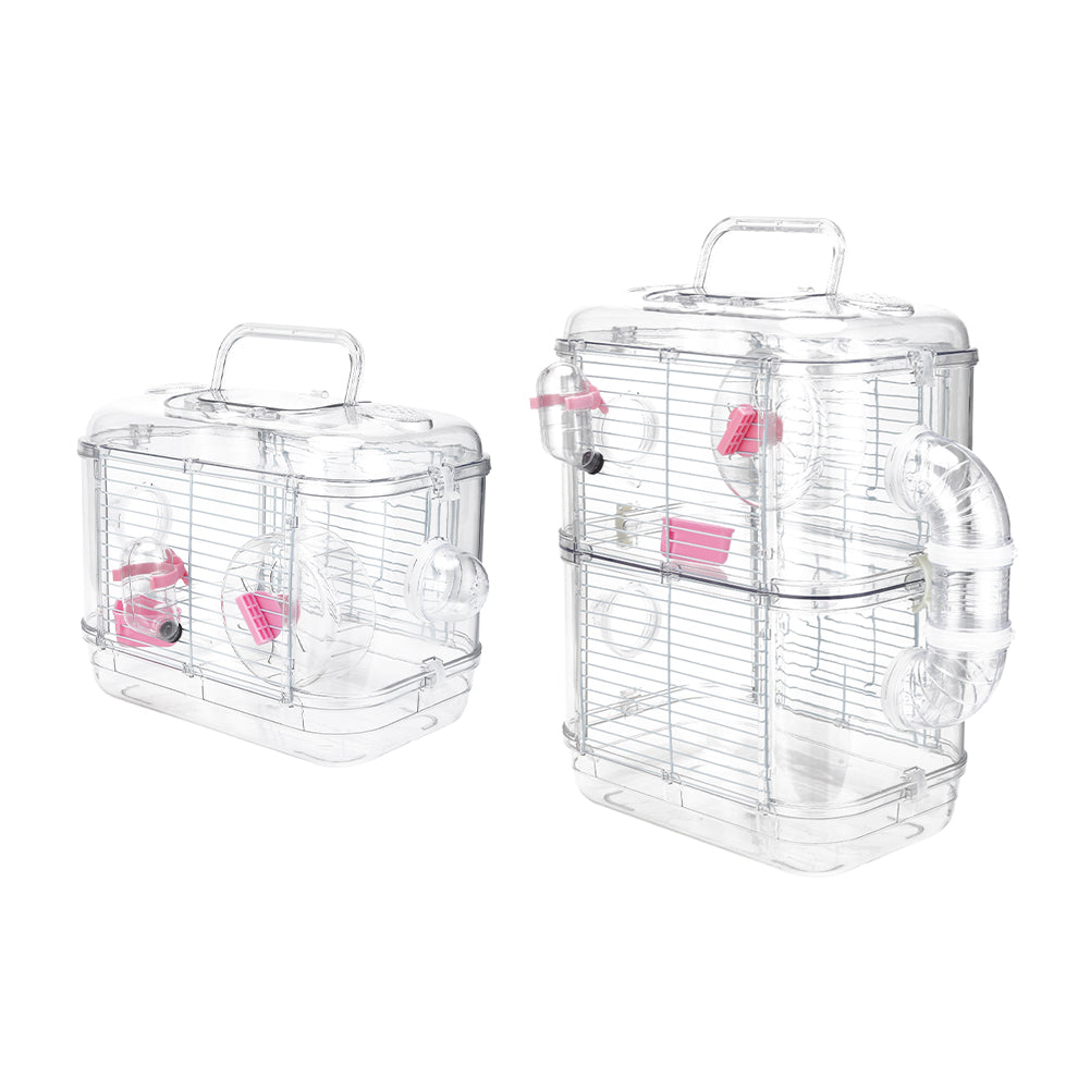 Double-Layer Transparent Hamster Cage with Hidden Handle and Tunnel