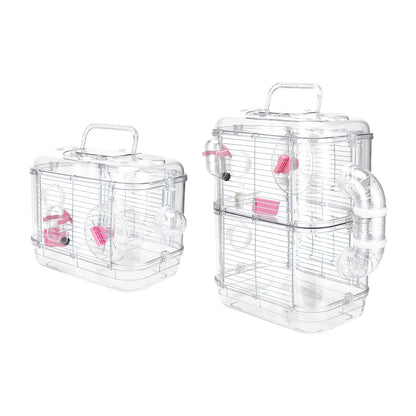 Double-Layer Transparent Hamster Cage with Hidden Handle and Tunnel
