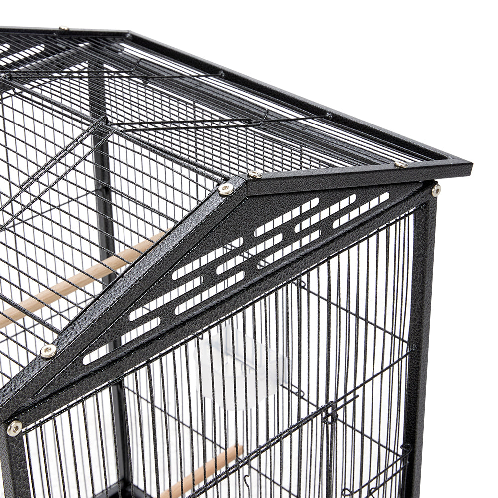 Peaked Roof Metal Bird Cage with Casters and Dual Feeding Doors