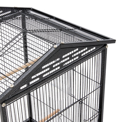 Peaked Roof Metal Bird Cage with Casters and Dual Feeding Doors