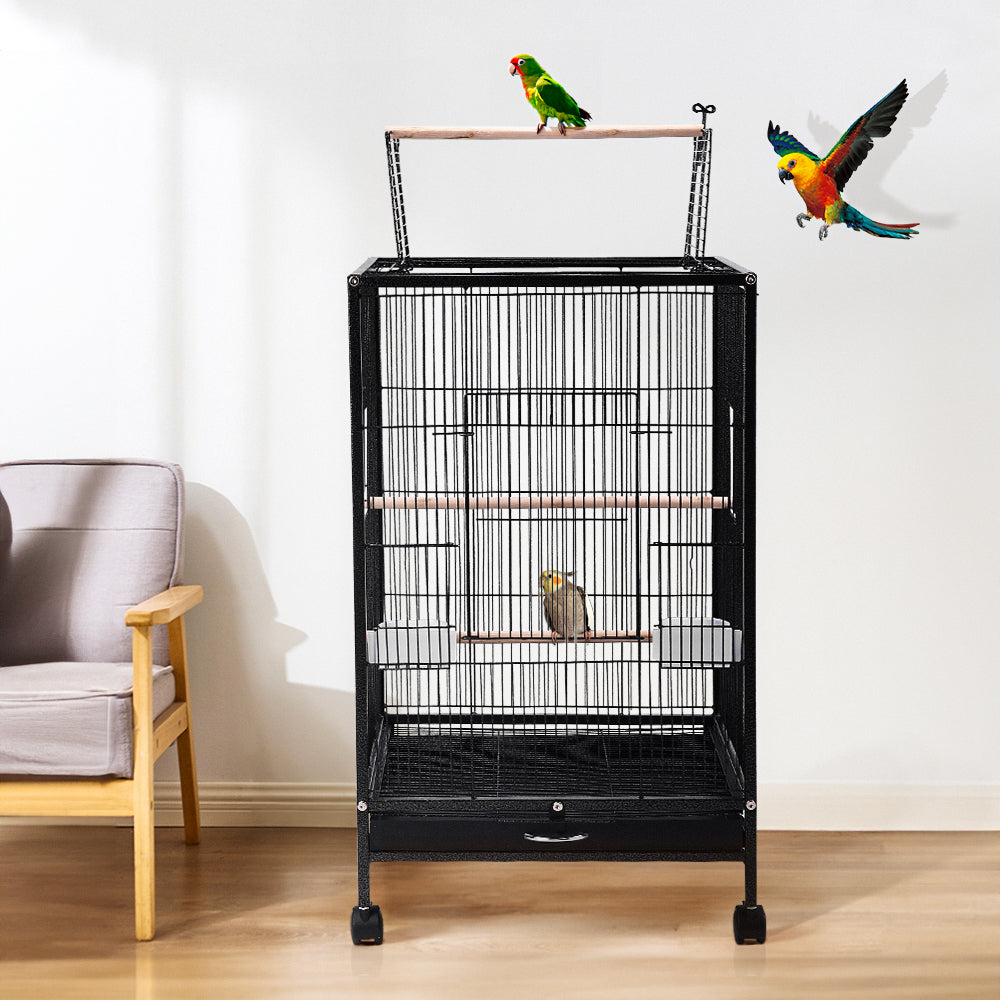 Open-Top Metal Bird Cage with Casters and Dual Feeding Doors