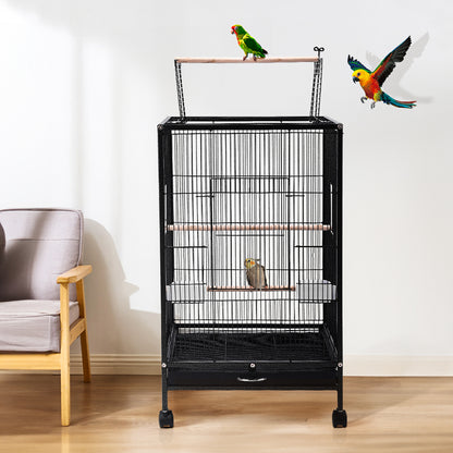 Open-Top Metal Bird Cage with Casters and Dual Feeding Doors