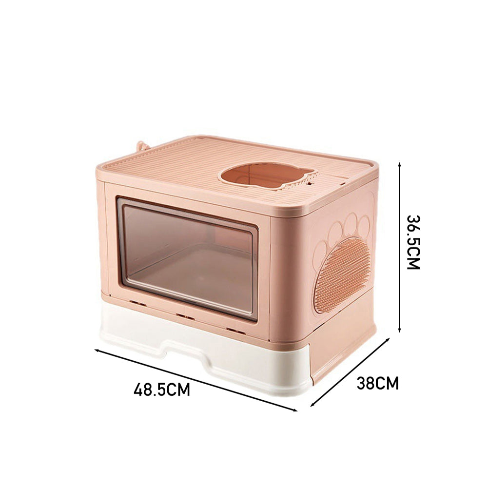 Enclosed Folding Cat Litter Box with Scoop – Smoky Pink, Drawer Design for Easy Cleaning