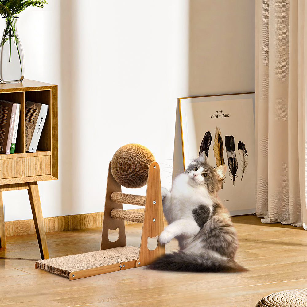 L-Shaped Cat Scratcher with Interactive Sisal Ball for Indoor Play and Climbing
