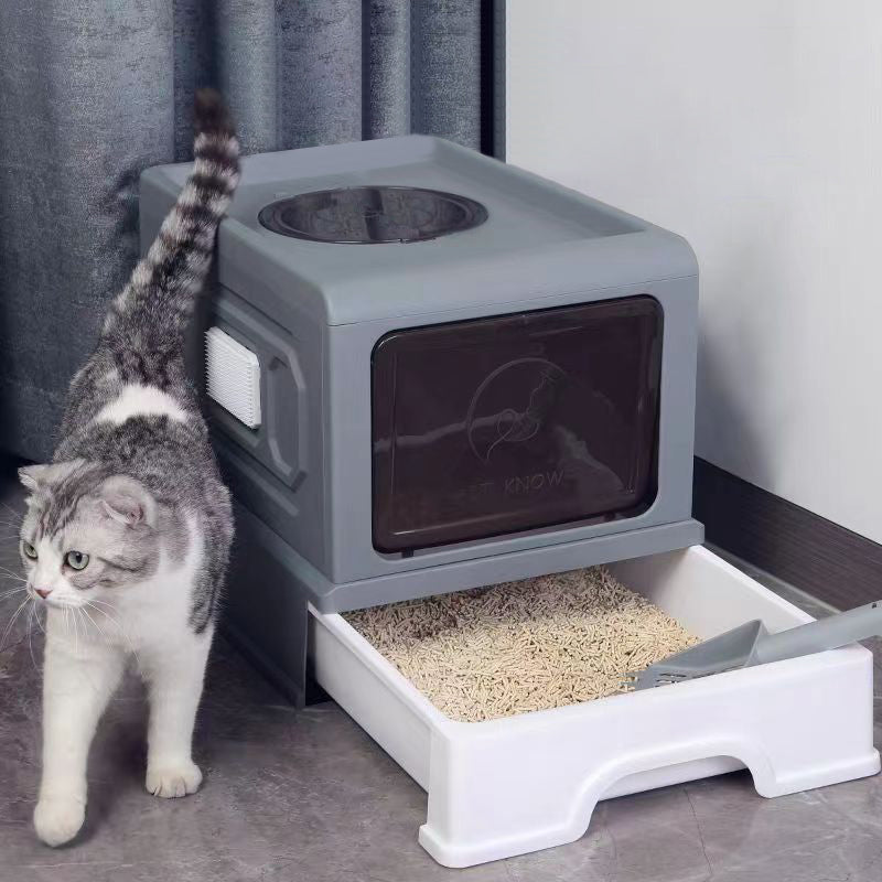 Large Enclosed Cat Litter Box with Drawer, Scoop & Grooming Board – Anti-Splashing, Odour Control, Front Entry & Top Exit