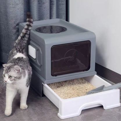 Large Enclosed Cat Litter Box with Drawer, Scoop & Grooming Board – Anti-Splashing, Odour Control, Front Entry & Top Exit